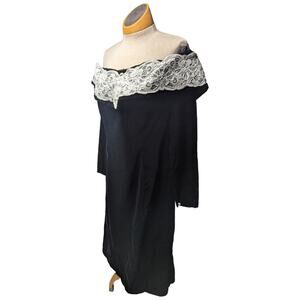 Vtg 1980s Black Velvet Off the Shoulder Lace Trim Long Sleeve Midi Dress L 12